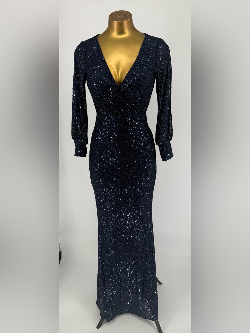 Navy Blue Sequin Long Split Sleeve V-Neck Evening Gown Size Small